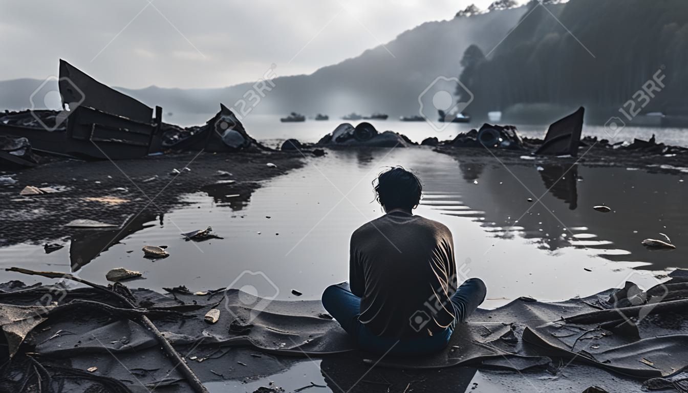 a man sitting on the shore of a lake surrounded by debris