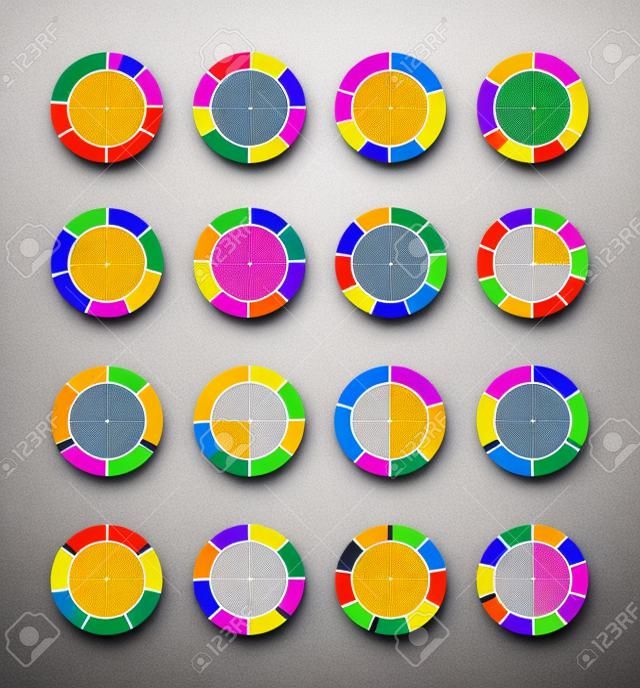 Gráficos circulares segmentados y multicolores establecen con 3, 4, 5, 6, 7 y 8 divisiones. Plantilla de diagrama, gráfico, presentación y gráfico.