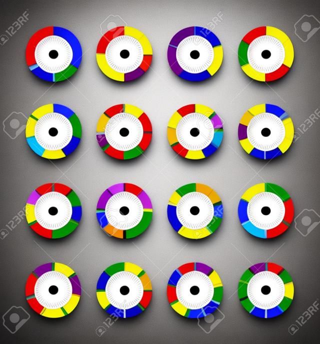 Gráficos circulares segmentados y multicolores establecen con 3, 4, 5, 6, 7 y 8 divisiones. Plantilla de diagrama, gráfico, presentación y gráfico.