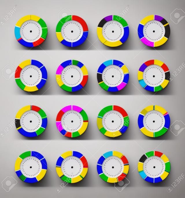 Segmentowe i wielokolorowe wykresy kołowe zestaw z 3, 4, 5, 6, 7 i 8 dywizji. Szablon do schematu, wykresu, prezentacji i wykresu.