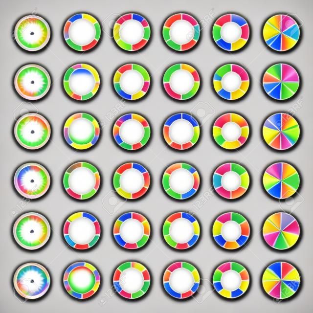 Сегментные и разноцветные круговых диаграмм и стрелки набор с 3, 4, 5, 6, 7 и 8 отделов. Шаблон для схемы, графика, презентации и диаграммы.