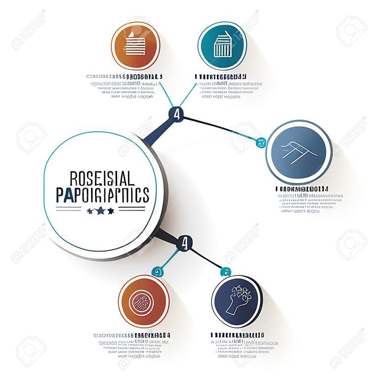 Круг деловых графических элементов. Инфографика бизнес-процессов с 4 этапами, частями или вариантами. Абстрактный шаблон презентации. Современный векторный дизайн макета infochart.