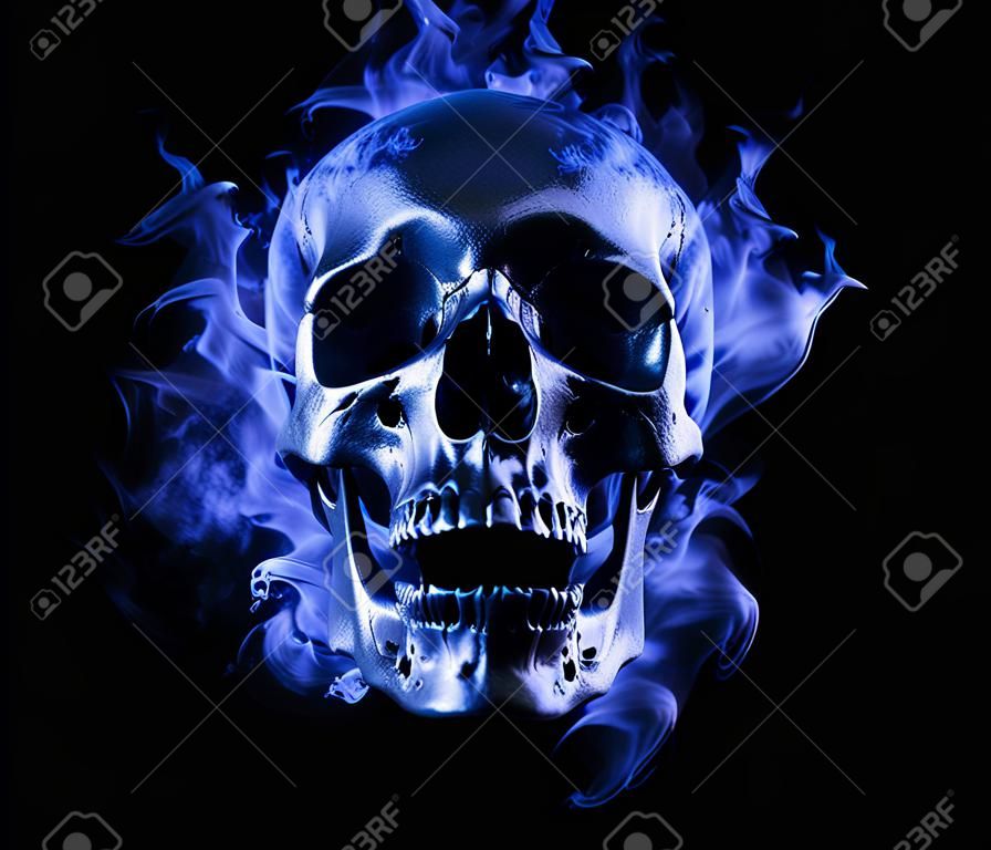 Crânio queimando no fogo 3d renderização de fundo
