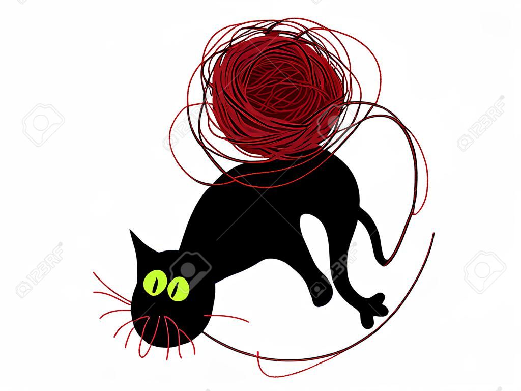 vector black cat playing with a ball of yarn