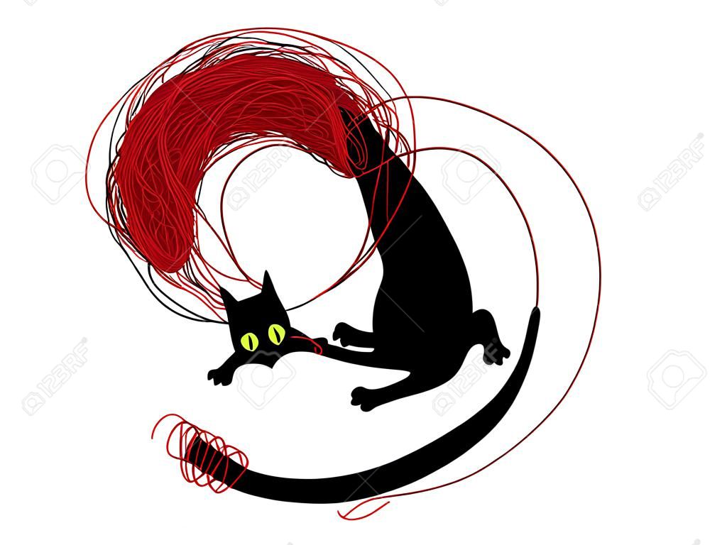 vector black cat playing with a ball of yarn