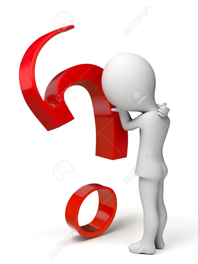 3d small person thinking with a large question mark. 3d image. Isolated white background