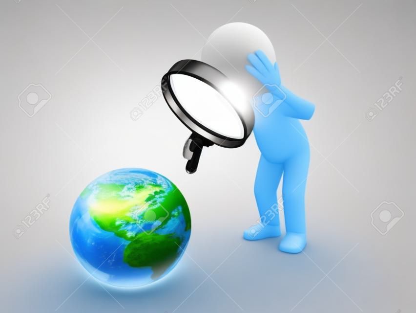 A 3d people searching a earth with a magnifier. 3d image. Isolated white background.