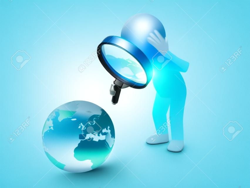 Ein 3D-Menschen auf der Suche eine Erde mit einer Lupe. 3D-Bild. Isolierte weißem Hintergrund.