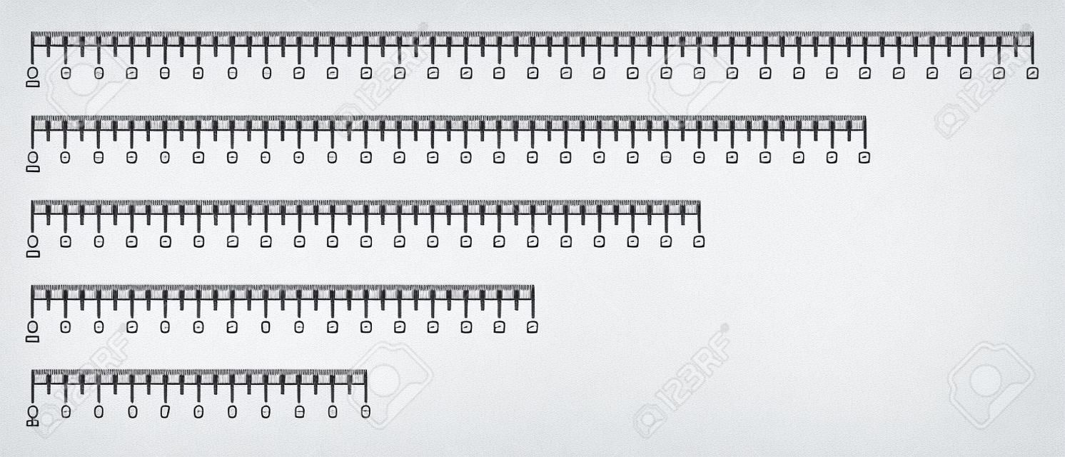 Skala linijki z ustawionymi liczbami. pozioma tablica pomiarowa ze znacznikami 30, 25, 20, 25, 10 centymetrów. matematyka do pomiaru odległości, wysokości lub długości lub narzędzie do szycia. ilustracja wektorowa.