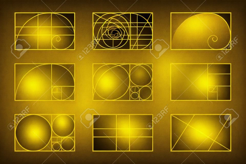Golden ratio template set. Fibonacci reeks tekens. Logaritmische spiraal in rechthoek frame gefracteerd op lijnen, vierkanten en cirkels. Ideale symmetrie verhoudingen lay-out. Vector grafische illustratie