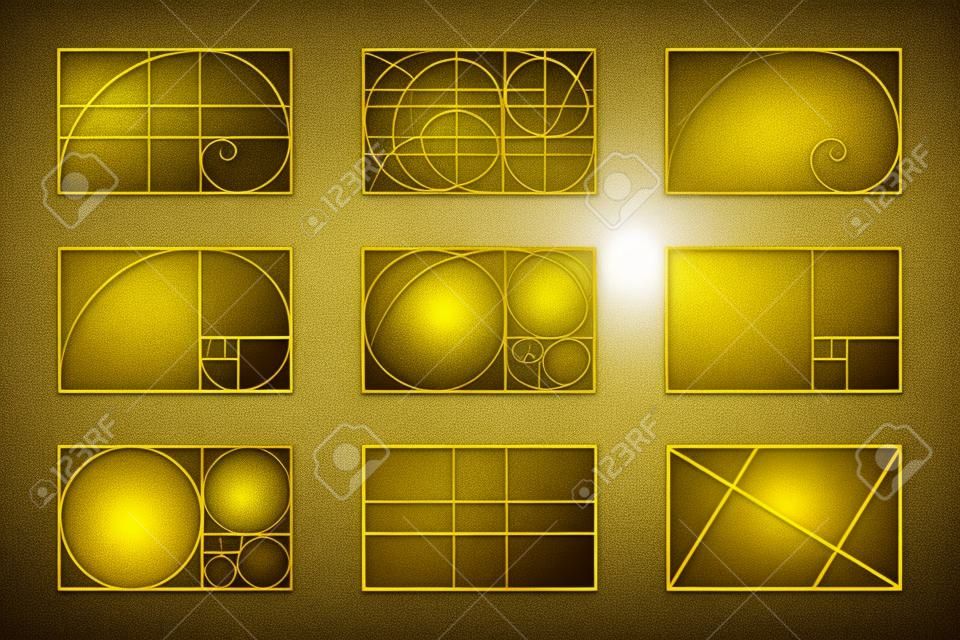 Golden ratio template set. Fibonacci reeks tekens. Logaritmische spiraal in rechthoek frame gefracteerd op lijnen, vierkanten en cirkels. Ideale symmetrie verhoudingen lay-out. Vector grafische illustratie