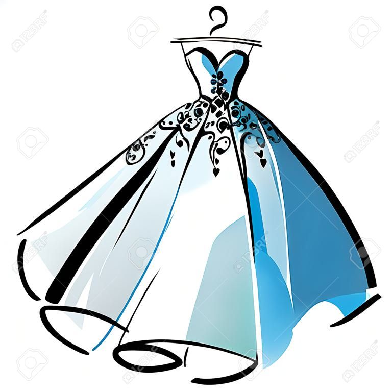 diseño de vestido de novia, blanco y negro, azul