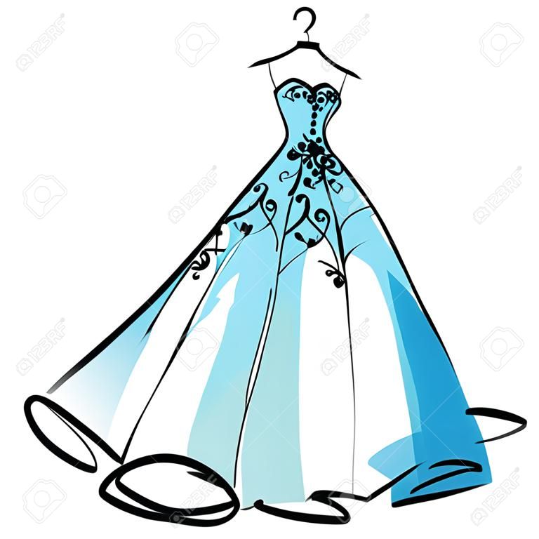 design de vestido de noiva, preto e branco, azul
