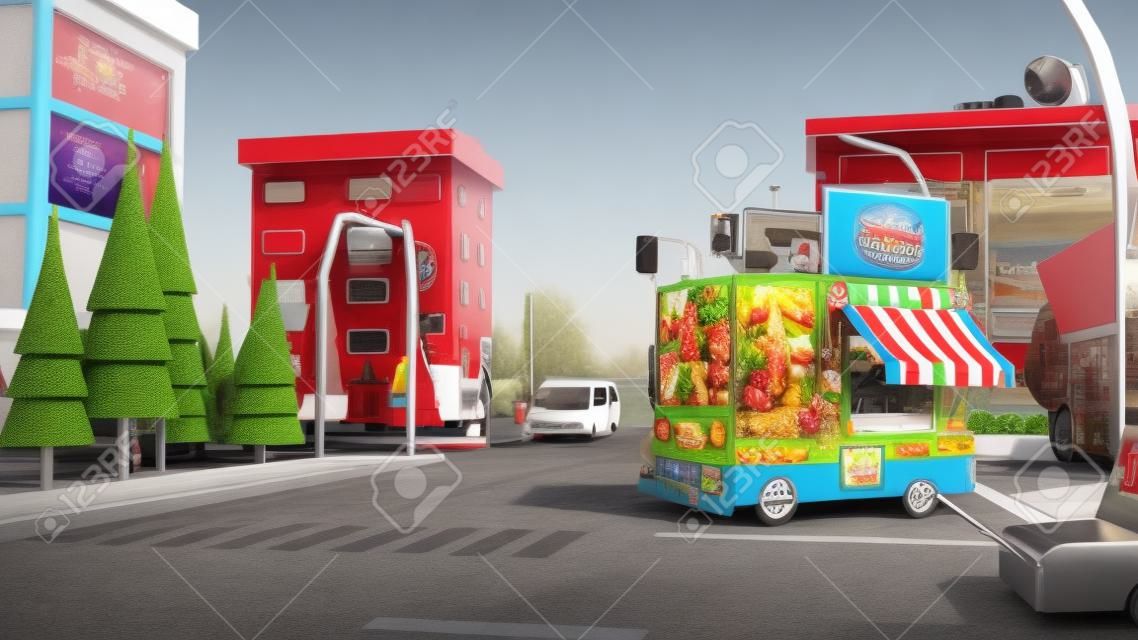 Un divertido food truck urbano. Representación 3D.
