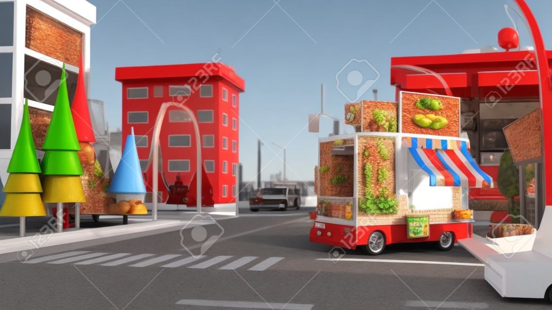 Ein lustiger urbaner Foodtruck. 3D-Rendering.