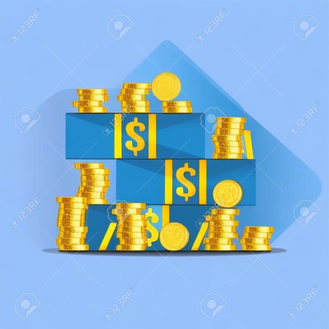 Stacks of cash with a pile of gold coins. vector illustration in flat style on blue background