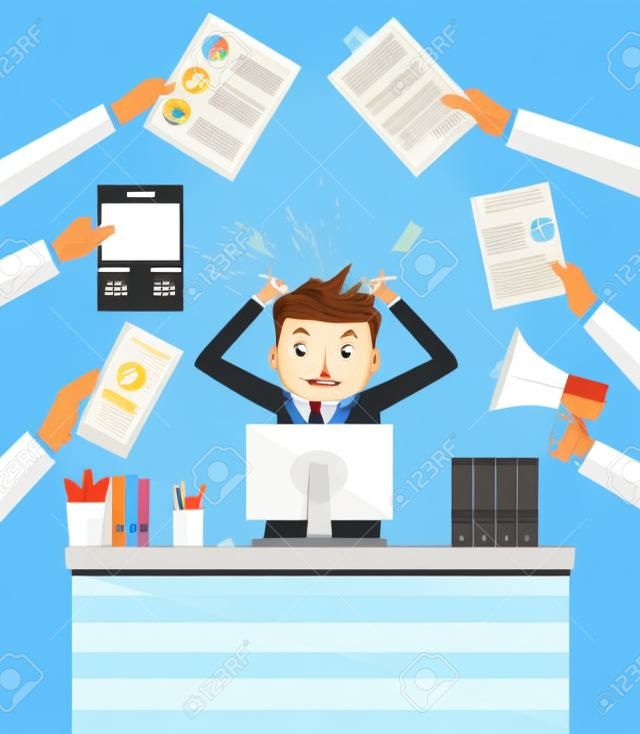 Stressed cartoon businessman in pile of office papers and documents tearing his hair out. Office workplace with pc monitor. Stress at work. Overworked. Vector illustration in flat design