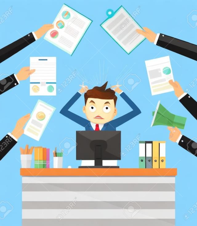 Stressed cartoon businessman in pile of office papers and documents tearing his hair out. Office workplace with pc monitor. Stress at work. Overworked. Vector illustration in flat design