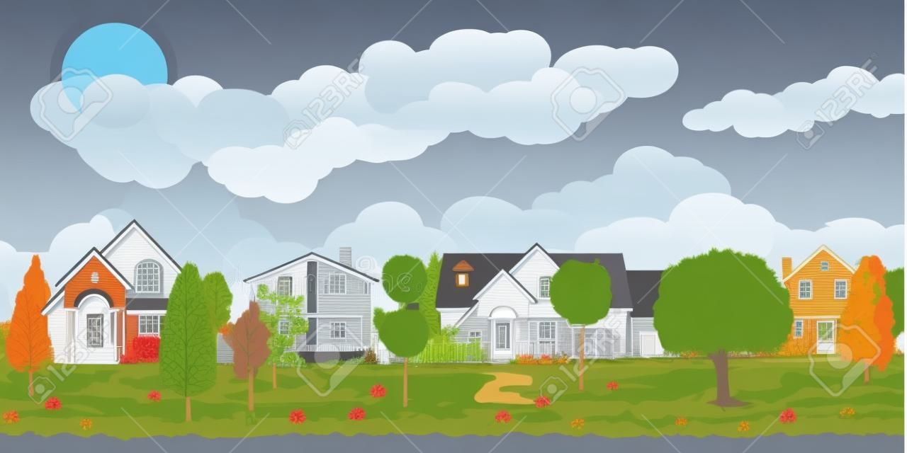 Private suburban houses with car, trees, road, sky and clouds. Village. Vector illustration in flat style