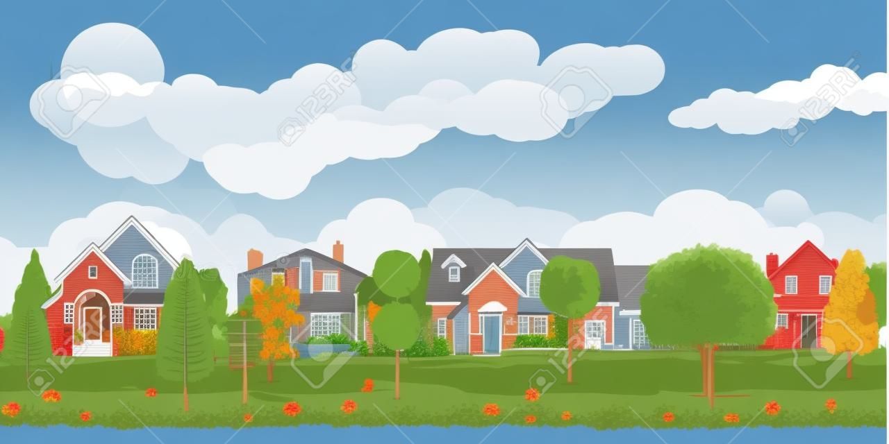Private suburban houses with car, trees, road, sky and clouds. Village. Vector illustration in flat style