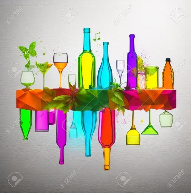 色彩鮮豔的設計，酒瓶和酒杯