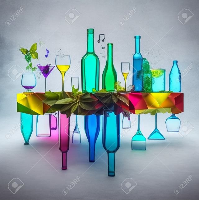 Design colorido com garrafas e copos