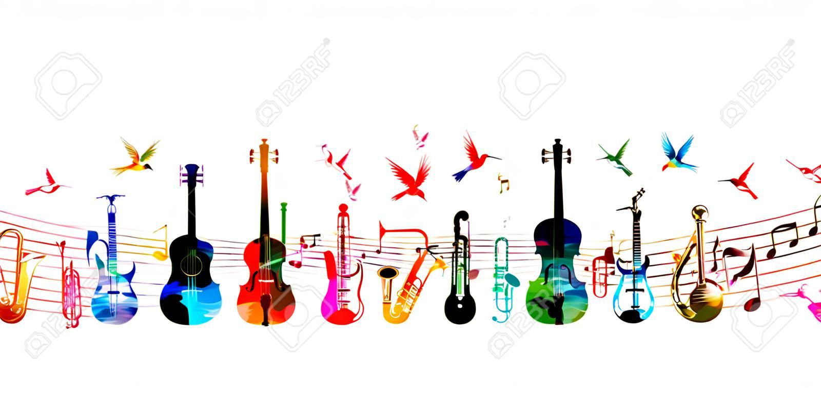Hummingbirds와 다채로운 음악 악기 배경
