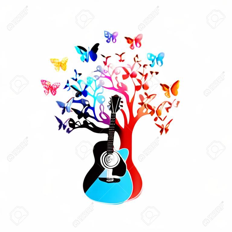 Colorful music background with guitar tree and butterflies