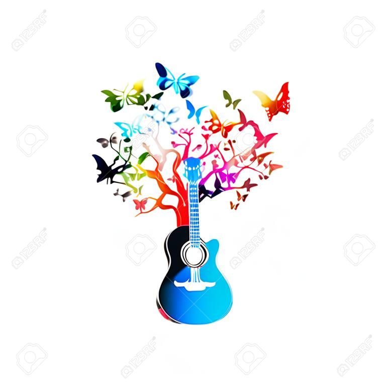 Sfondo colorato musica con albero chitarra e farfalle
