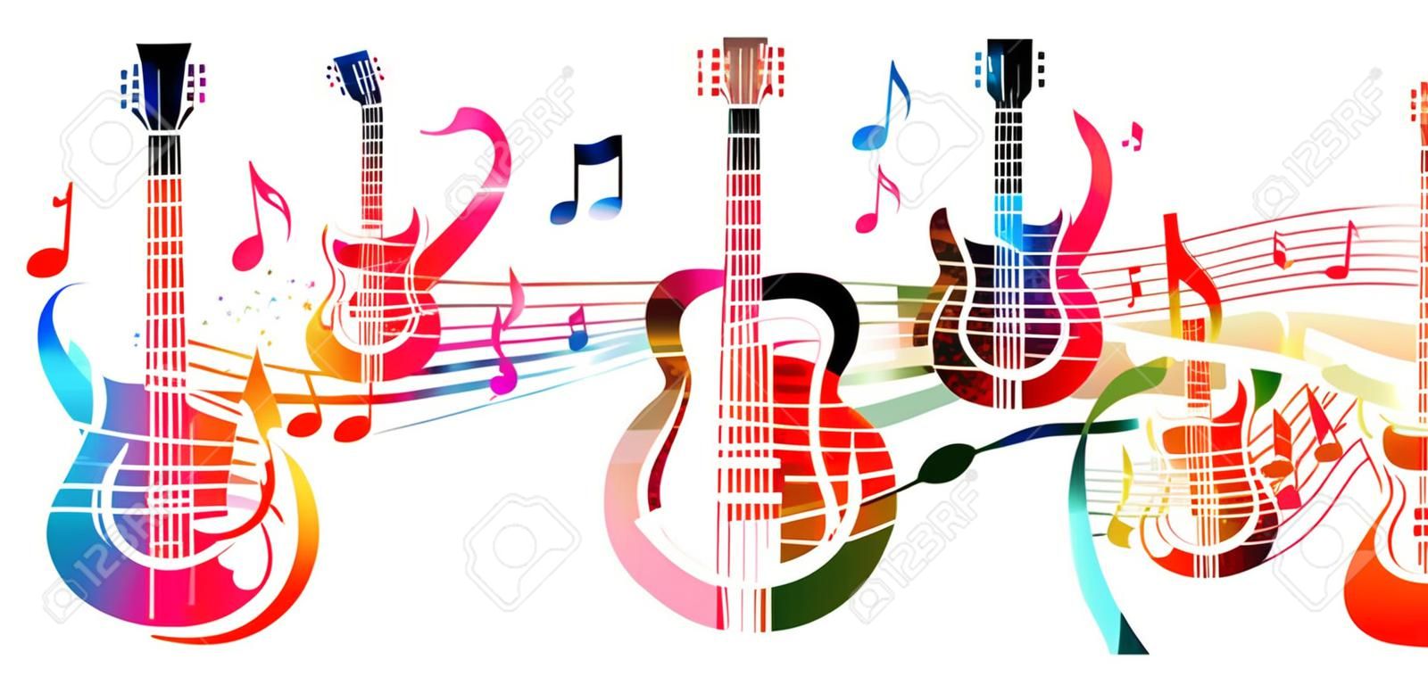 Creative music style template vector illustration, colorful guitar with music staff and notes, music instruments background. Design for poster, brochure, banner, concert, festival and music shop