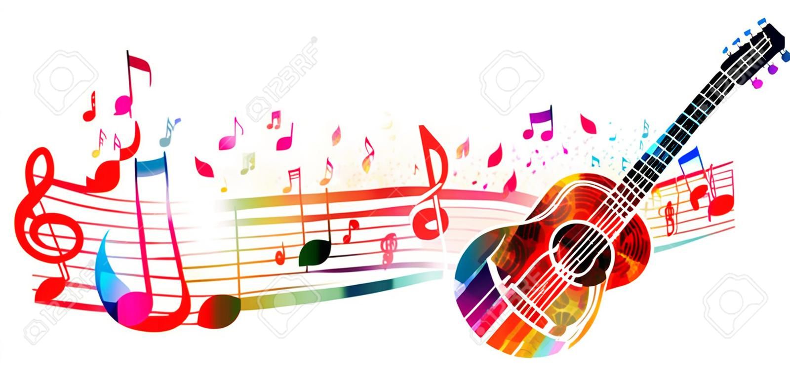 Ilustração de vetor de modelo de estilo de música criativa, guitarra colorida com equipe de música e notas, fundo de instrumentos de música. Design para cartaz, brochura, banner, concerto, festival e loja de música