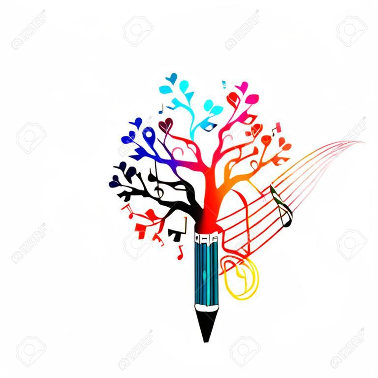 Bunte Bleistift Baum Vektor-Illustration mit Musiknoten. Entwurf für kreatives Schreiben, Geschichten, Bloggen, Bildung, Buchcover, Artikel und Website-Content zu schreiben, Text, Musik zu komponieren