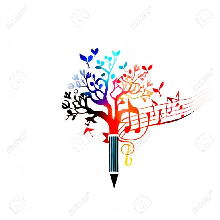 Colorful pencil tree vector illustration with music notes. Design for creative writing, storytelling, blogging, education, book cover, article and website content writing, copywriting, composing music