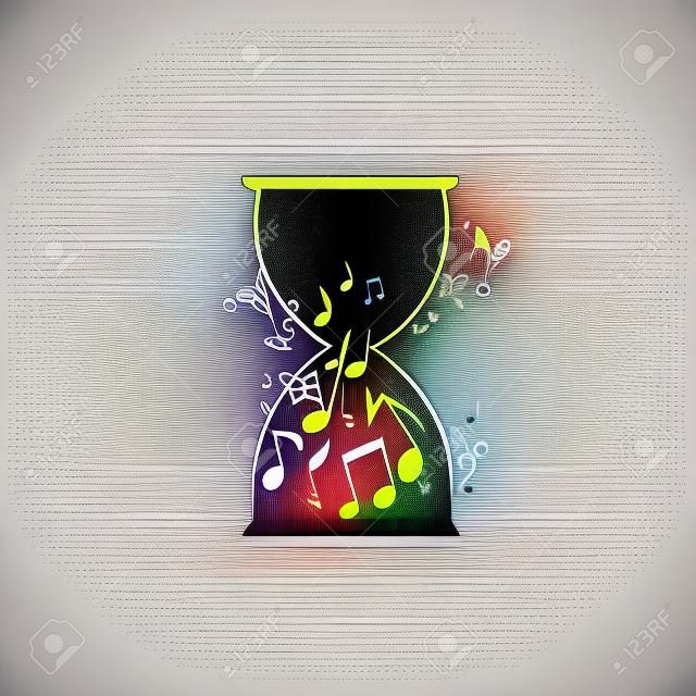 Modello musicale illustrazione vettoriale, note musicali colorate all'interno di clessidra, simboli musicali e segni sfondo. Poster, brochure, banner, flyer, concerti, festival musicali, negozio di musica
