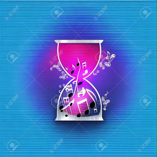 Music template vector illustration, colorful music notes inside hourglass, musical symbols and marks background. Music poster, brochure, banner, flyer, concert, music festival, music shop design
