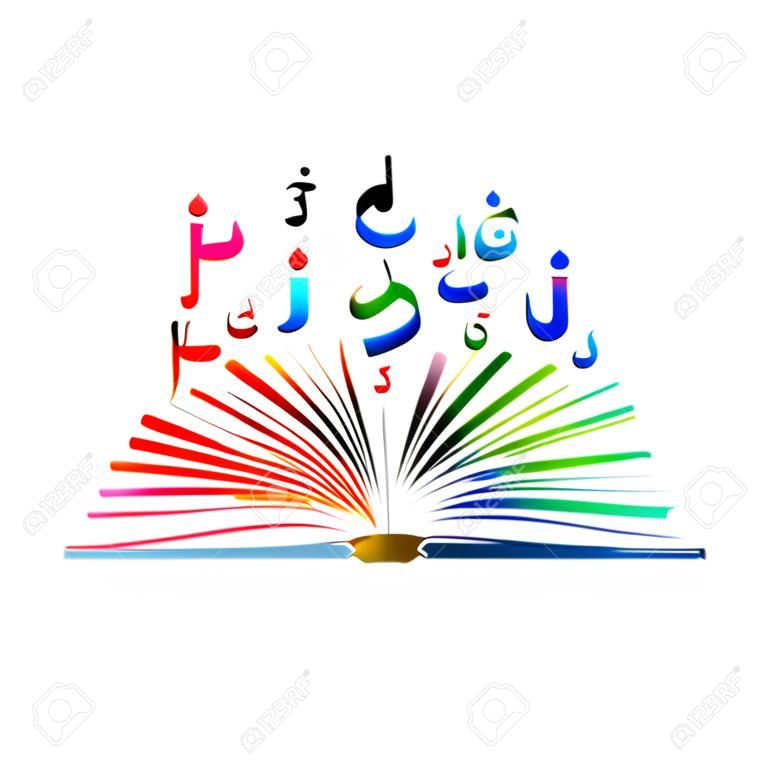 Arabische islamische Kalligraphiesymbole mit Buchvektorillustration. Bunter Textentwurf des arabischen Alphabetes. Typografiehintergrund, Bildungskonzept, kreatives Schreiben und Geschichtenerzählen