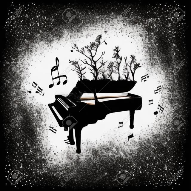 Musica in bianco e nero con il pianoforte. Illustrazione vettoriale di strumento musicale. Strumento a pianoforte con alberi