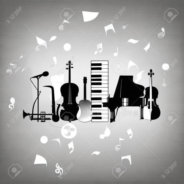 Music poster with music instruments. Black and white microphone, piano, saxophone, trumpet, violoncello, contrabass and guitar vector illustration design