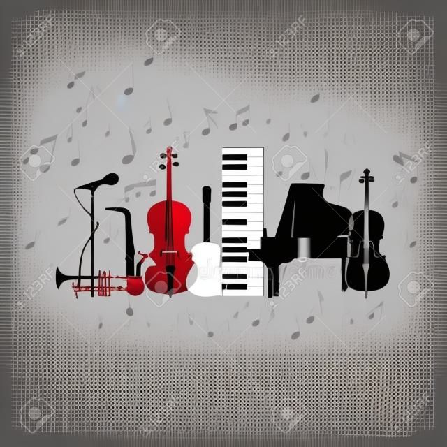 Music poster with music instruments. Black and white microphone, piano, saxophone, trumpet, violoncello, contrabass and guitar vector illustration design