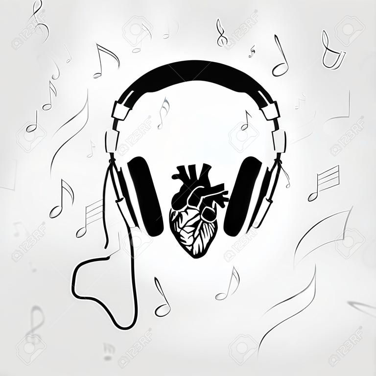 音楽デザイン。音楽を聴きます。人間の心のベクトル図で黒と白のヘッドフォン
