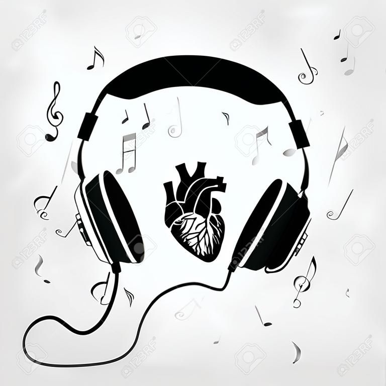 音楽デザイン。音楽を聴きます。人間の心のベクトル図で黒と白のヘッドフォン