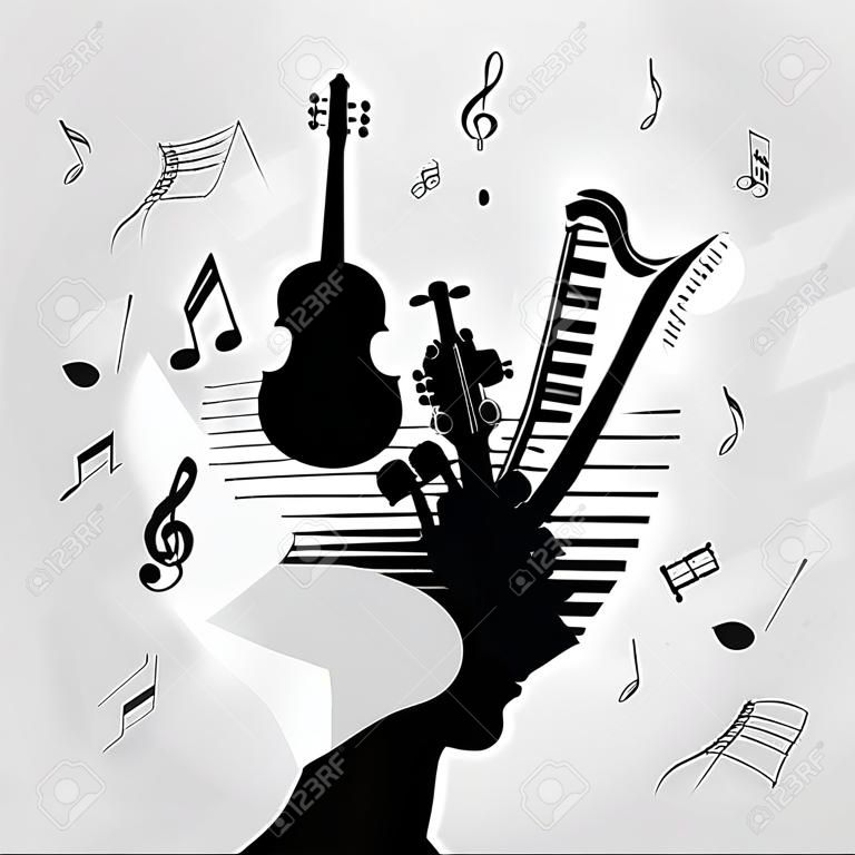 Silhueta homem preto e branco com instrumentos musicais. Instrumentos de música com cabeça humana para cartão, cartaz, convite. Ilustração de vetor de fundo de fundo de música