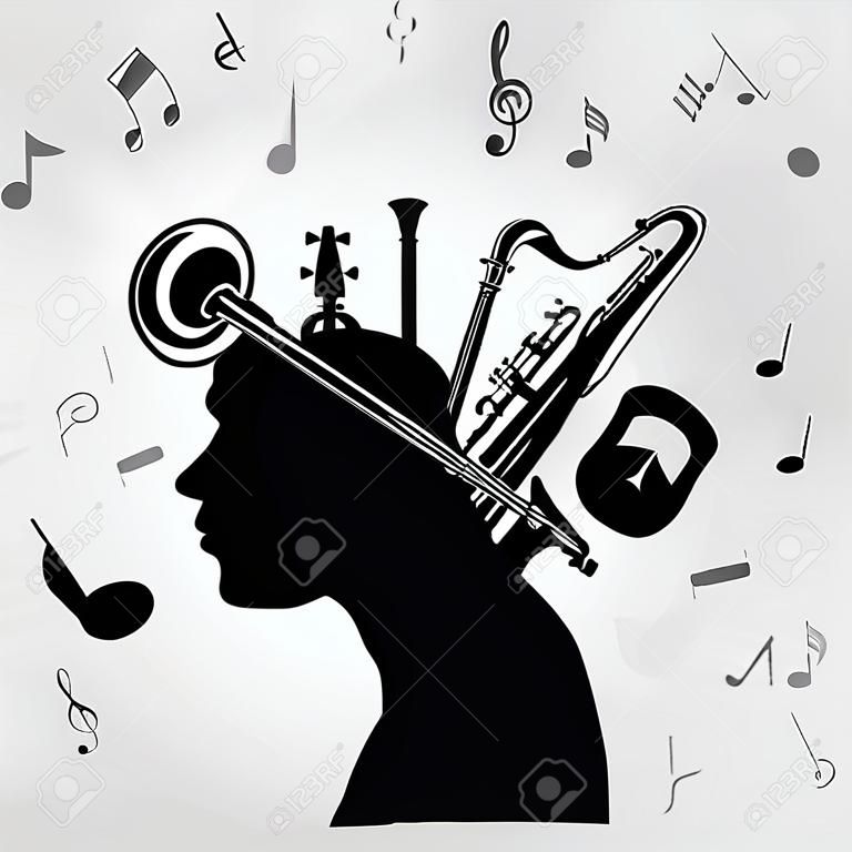 Schwarzweiss-Mannschattenbild mit Musikinstrumenten. Musikinstrumente mit menschlichem Kopf für Karte, Plakat, Einladung. Musikhintergrunddesign-Vektorillustration