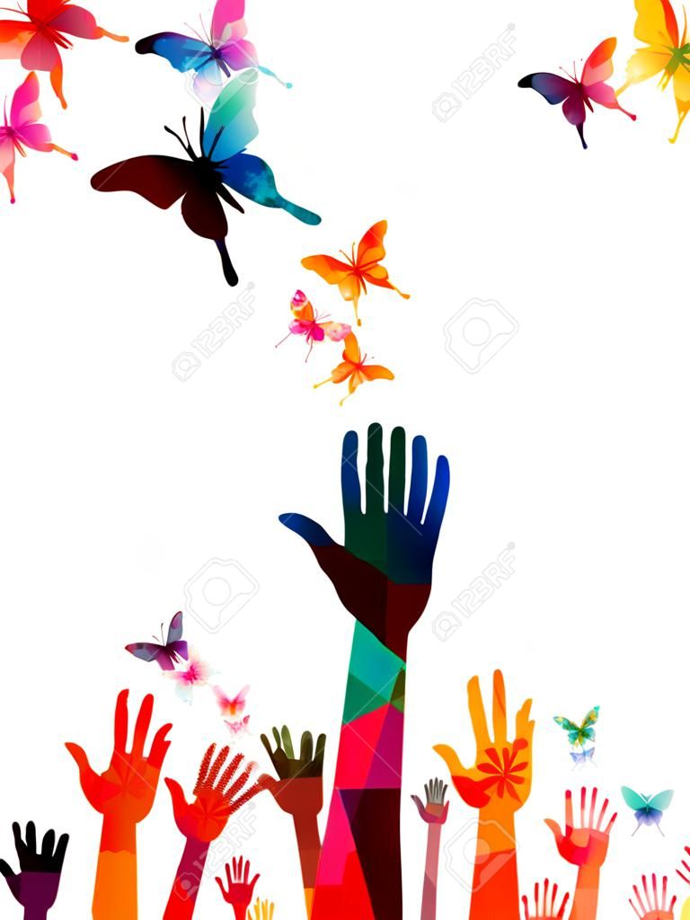 Manos humanas coloridas con diseño de ilustración de vector de mariposas