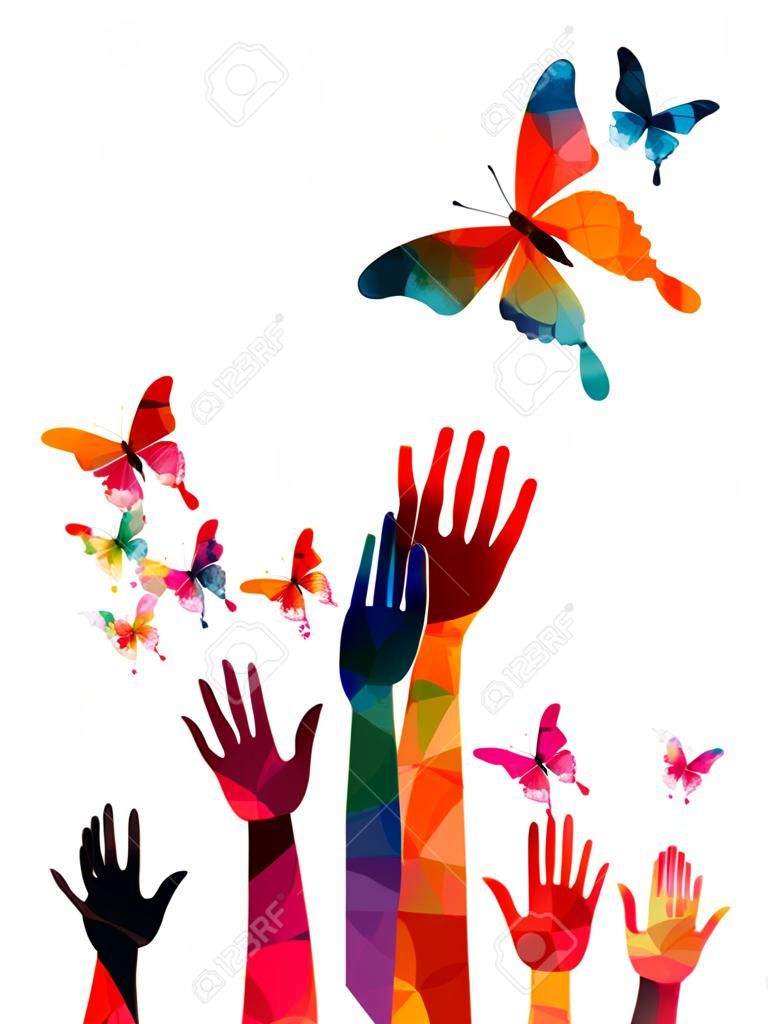 Mãos humanas coloridas com design de ilustração vetorial de borboletas