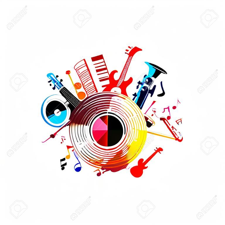 다채로운 음악 악기와 비닐 레코드 디스크가 있는 음악