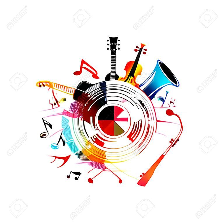 Music  with colorful music instruments and vinyl record disc