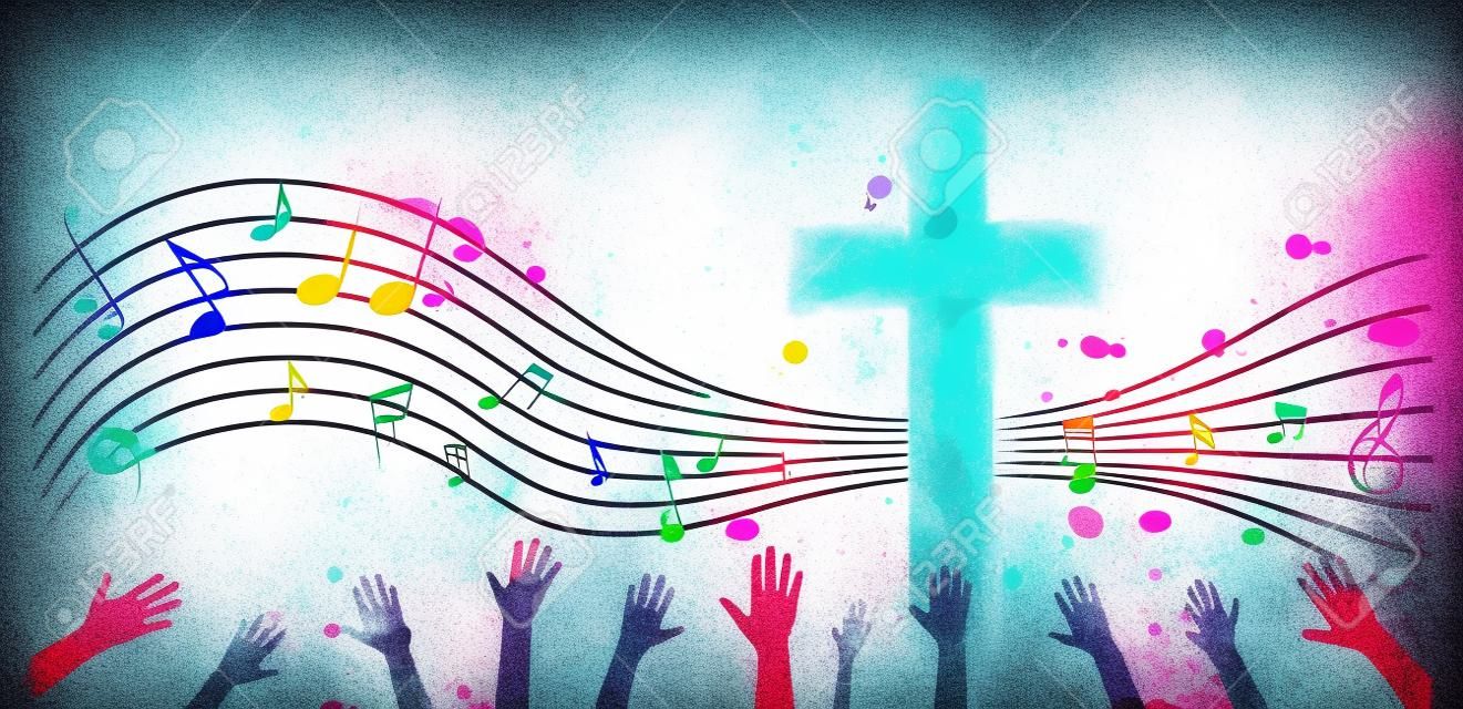 Kleurrijke christelijke kruis met muzieknoten en handen geïsoleerde vector illustratie. Religie thema achtergrond. Ontwerp voor gospel kerk muziek, koor zingen, concert, festival, christendom, gebed