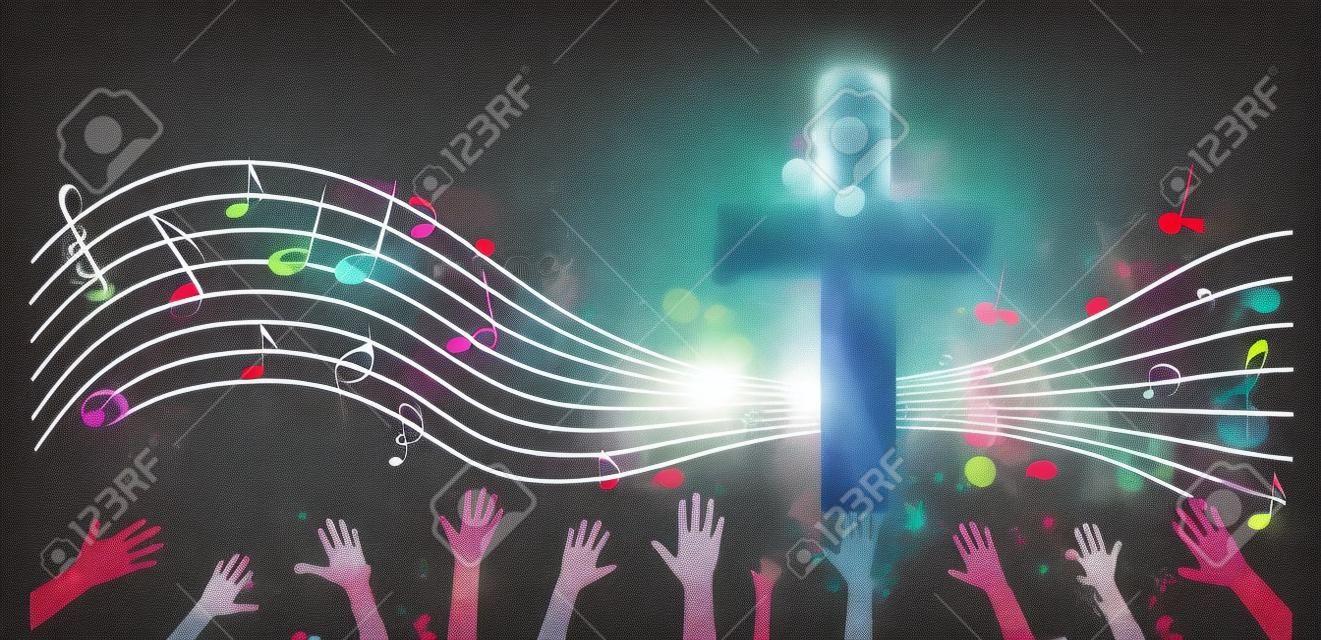 Colorful christian cross with music notes and hands isolated vector illustration. Religion themed background. Design for gospel church music, choir singing, concert, festival, Christianity, prayer