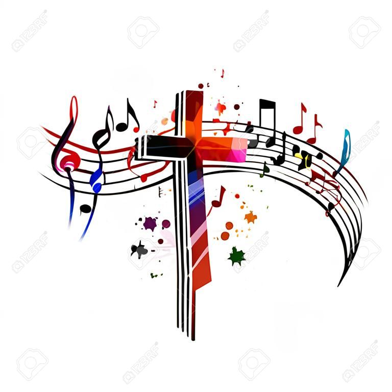 Kleurrijke christelijke kruis met muzieknoten geïsoleerde vector illustratie. Religie thema achtergrond. Ontwerp voor gospel kerk muziek, koor zingen, concert, festival, christendom, gebed